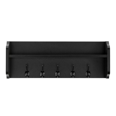 Danya B 29 in. 2-Tier Black Ledge Wall Shelf Entryway or Bathroom Organizer with Five Hanging Coat or Towel Hooks