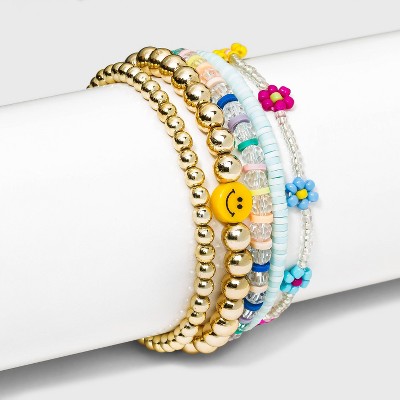Smiley Face and Beaded Flower Stretch Bracelet Set 5pc - Wild Fable™