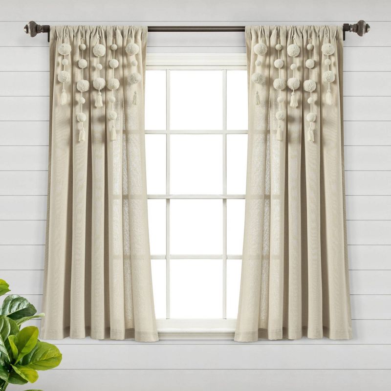 Boho Pom Pom Tassel Linen Window Curtain Panel - Lush Décor, 1 of 10