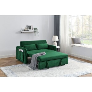 55" Modern Velvet Convertible Sofa Bed - with Detachable Arm Pockets, Pull-Out Bed, 2 Pillows, Adjustable Backrest, Grid Design Armrests - 1 of 4