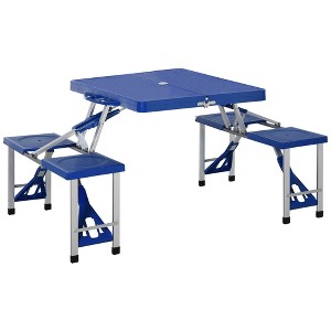 Outsunny Portable Foldable Camping Picnic Table Set with Four Chairs and Umbrella Hole, 4-Seats Aluminum Fold Up Travel Picnic Table - 1 of 4