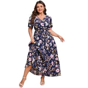 Whizmax V Neck Wrap Maxi Dress for Plus Size Women High Waist Ruffle Summer Casual Floral Dress with Belt - 1 of 4