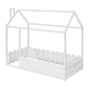 TopComfy Beds Twin Size Wood House Bed Frame with Fence Wood Construction Safety Fence Versatile for Kids Bedroom, White, 80.12"*14.17"*6.69" - 1 of 4
