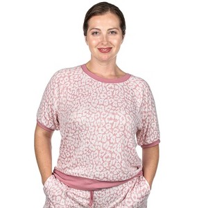 Memoi Women's Pink Leopard Print Short Sleeve Sweatshirt Pink XS - 1 of 4