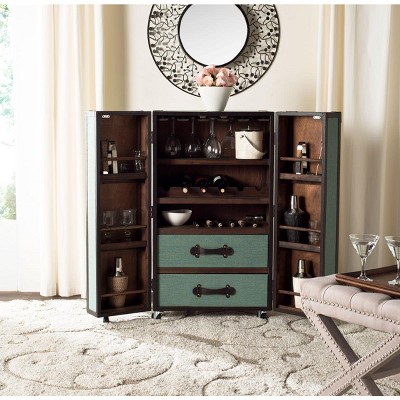 Sage Linen and Vegan Leather Industrial Beverage Cabinet