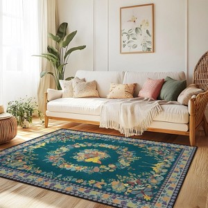 Large Beige Butterfly Floral Area Rug, Ultra-Thin Non-Slip Washable Mat for Living Room & Bedroom - 1 of 4