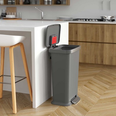 Gray Plastic 13.2 Gallon Step Pedal Trash Can with Stainless Steel Trim