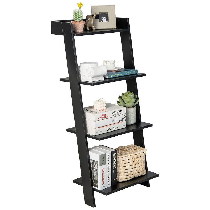 Costway 4-Tier Ladder Shelf Leaning Bookshelf withAnti-falling Baffle Wood Bookcase Black/White, 1 of 11