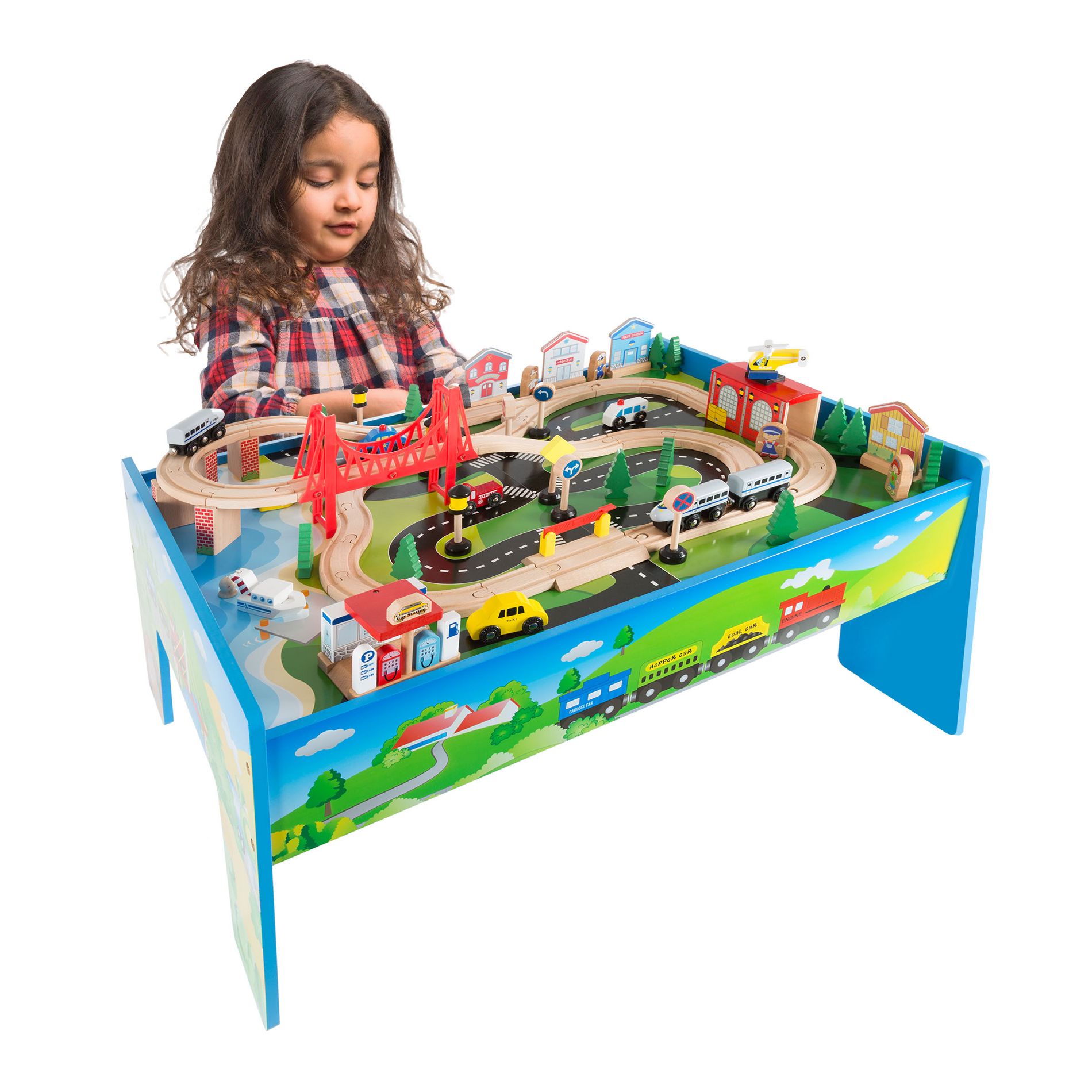 Hey Play Wooden Train Set with Train Table - 75PC Play Set with Tracks, Vehicles, Buildings, Illustrated Play Surface, and Activity Table