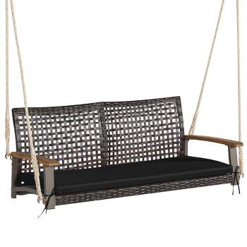 Tangkula 2-Seat Rattan Porch Swing Chair Outdoor Wicker Swing Bench W/ Seat Cushion