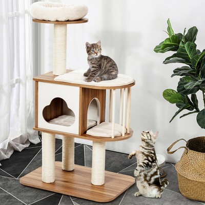 Natural Wood and Sisal 46'' Cat Tree with Platforms and Cushions