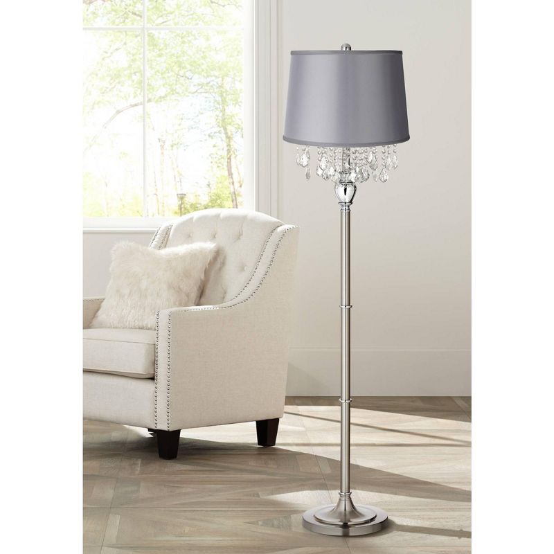 360 Lighting Modern Floor Lamp 62.5" Tall Satin Steel Chrome Crystal Chandelier Light Gray Satin Drum Shade for Living Room Reading Bedroom, 2 of 4