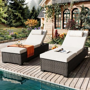 ODK Outdoor PE Wicker Chaise Lounge Chairs, Pool PE Wicker Lounge Chairs Set of 2, Brown Rattan Pool Lounge Chairs Adjustable Backrest Recliners - 1 of 4