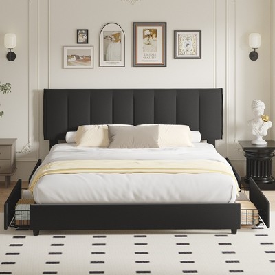 VECELO Upholstered Bed Frame with 4 Storage Drawers and Adjustable Velvet Headboard