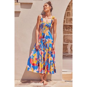 Womens Smocked Midi Dress Summer Ruffle A Line Long Flowy Dresses Cute Sleeveless Beach Sundress - 1 of 3