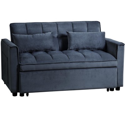 TiramisuBest 2-Seater Convertible Velvet Loveseat Sofa Bed – Pull-Out Sleeper Couch with Side Pocket, Adjustable Backrest & Scroll Arm Design,Gray