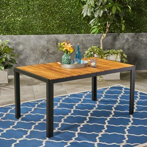 Outdoor Patio Dining Table with Slatted Wood Top and Black Metal Frame, Modern Rectangular Table for Balcony, Garden, or Backyard-Maison Boucle - 1 of 4