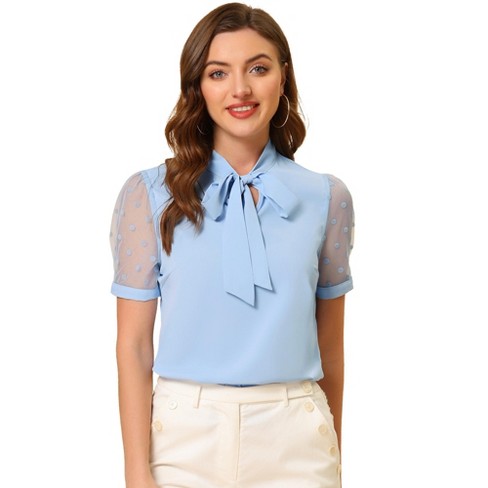 Allegra K Women's Bow Tie V Neck Stand Collar Short Mesh Sleeve Blouse  Light Blue Small : Target