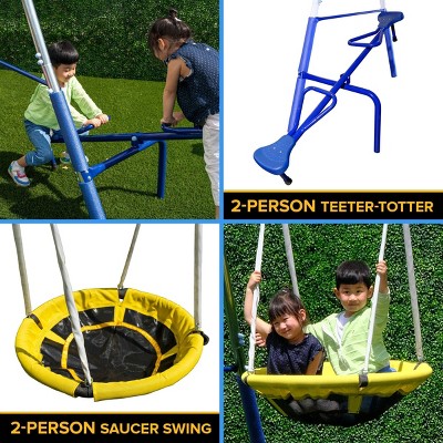 Taylor White and Blue Metal Swing Set with Slide and Teeter Totter