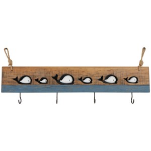 13"x34" Wood Handmade Distressed 4 Hanger Wall Hook with White Whales, Rope - Olivia & May: Entryway Organizer - 1 of 4