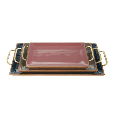 Multi Colored Enamel and Mango Wood Rectangular Tray Set