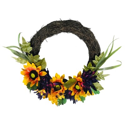 Northlight 20" Unlit Sunflower and Mum Artificial Half Flower Summer Wreath