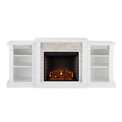 Aiden Lane Gilman Simulated Stone Electric Indoor Fireplace with Bookcases: Freestanding Decorative Fireplace TV Stand