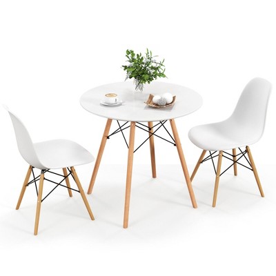 Tangkula 3 Pieces Dining Table Set Modern Round Table & 2 Chairs w/ Wood Leg White