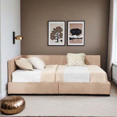 Mid-Century Full Size Storage Upholstered Tufted Bed Frame, Sofa Bed Frame with Comfortable Backrest and Armrests- Leovsnove