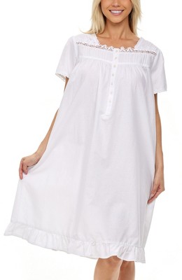 ADR Women's Cotton Victorian Nightgown, Sophia Short Sleeve Lace Trimmed  Button Up Short Sleeve Nightshirt White Large