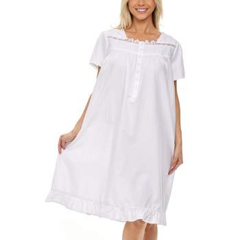 Women's Cotton Victorian Nightgown, Sophia Short Sleeve Lace Trimmed Button Up Short Sleeve Vintage Night Dress Gown