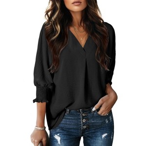 Womens 3/4 Sleeve Business Casual Shirts V Neck Blouse Dressy Spring Fall Tops - 1 of 4