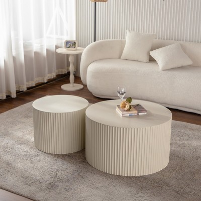 Modern Drum Nesting Coffee Table Set Of 2,Wave Stripe Round Wood Coffee Table For Living Room,Apartment,No Assembly Required-Coolbibila