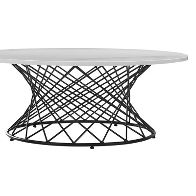 Loxley 36" Round White Marble Coffee Table with Black Metal Base