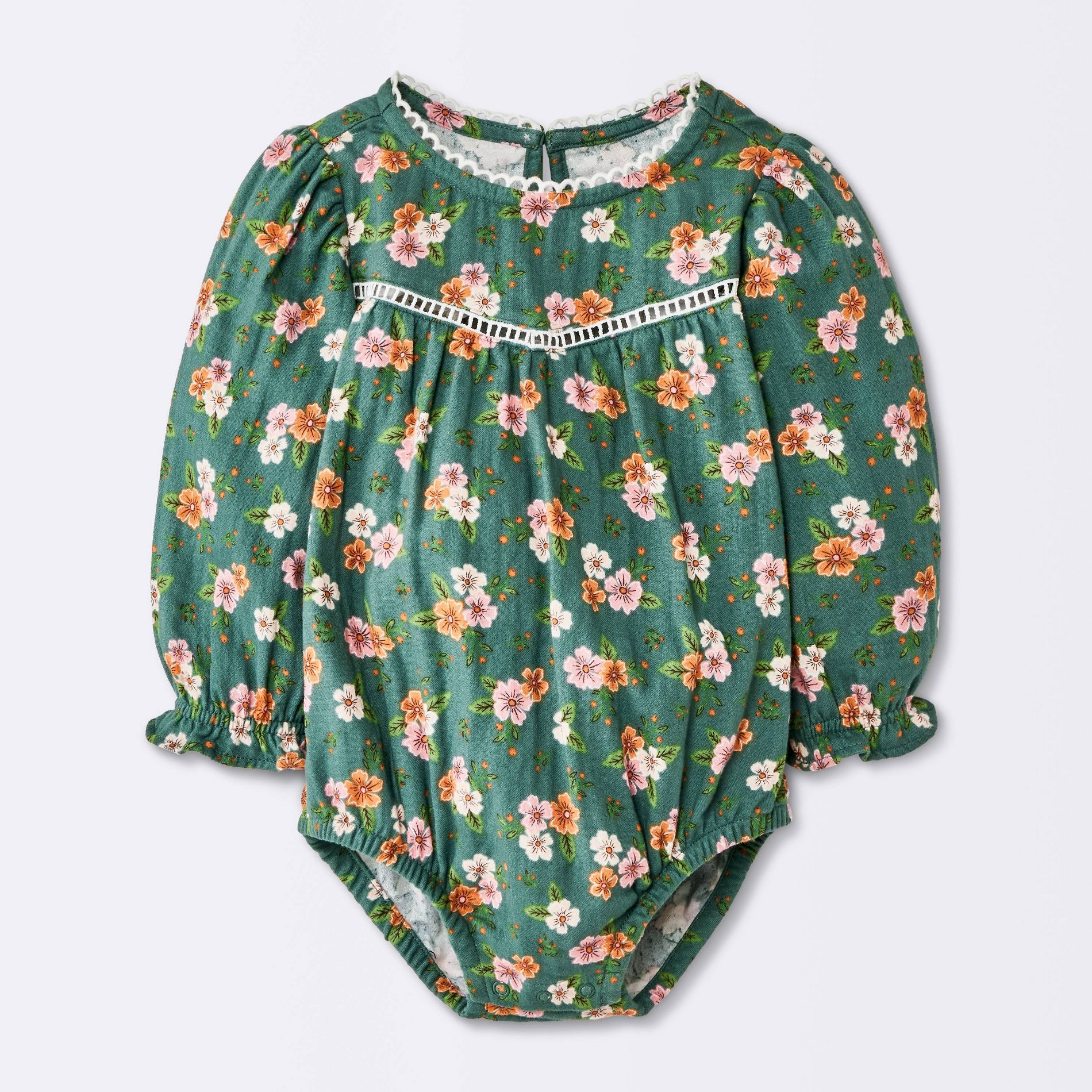 Baby Girls' Long Sleeve Floral Trim Romper - Cloud Island™ Green