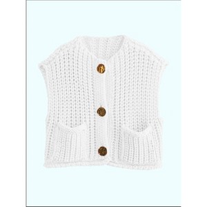 Sleeveless Cropped Button Down Cardigan Sweater Vest for Women Trendy Crochet Cable Knit Tops with Pockets - 1 of 2