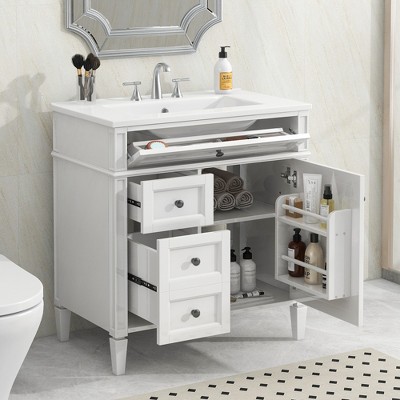 ALEXOUN 30" Solid Wood Frame Bathroom Vanity Cabinet with Sink,Single Sink Bathroom Storage Cabinet with 1 Door,2 Drawers & Tip-Out Drawer