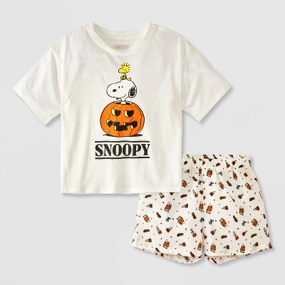 Girls' Oversized Halloween Snoopy T-Shirt and Boxer Pajama Set - White