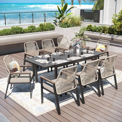 Captiva Designs 9pc Spacious Slat-top Rectangle Metal Table with Umbrella Hole & Beige Rattan Cushioned Chairs