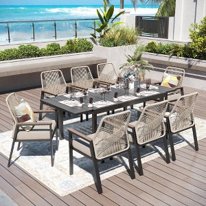 Captiva Designs 9pc Spacious Slat-top Rectangle Metal Table with Umbrella Hole & Beige Rattan Cushioned Chairs - 1 of 4