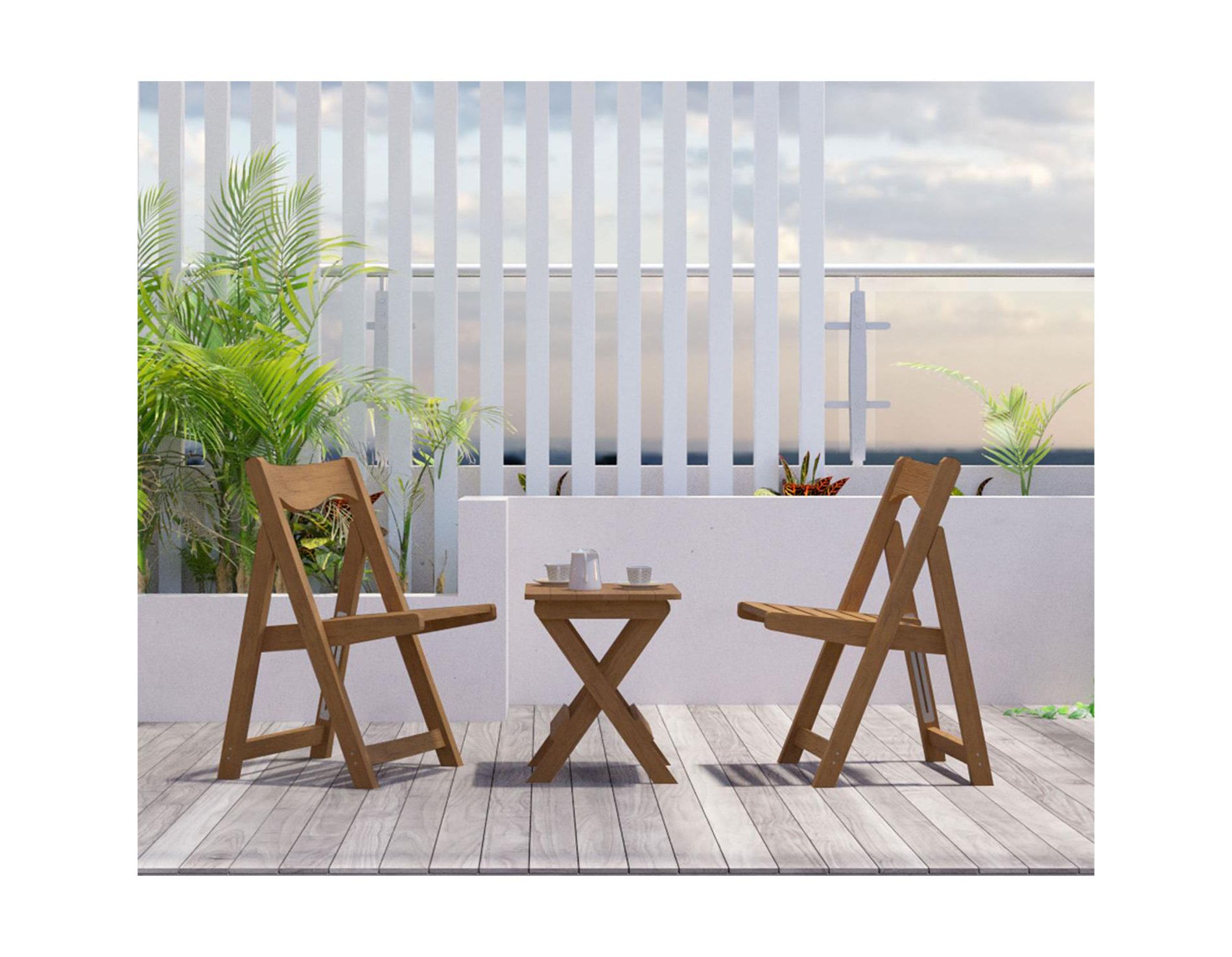 3-Piece Patio Bistro Set With Rectangular Coffee Table, 2 Chairs Outdoor Wood Foldable Small Table And Chair Set For Balcony, Pool Side Teak