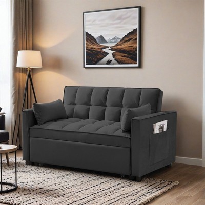 Modern Velvet Loveseat Futon Sofa Couch w/Pullout Bed,Small Love Seat Lounge Sofa w/Reclining Backrest,Toss Pillows - Leovsnove