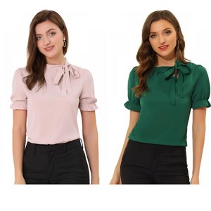 Allegra K Women's Elegant Bow Tie Neck Elastic Cuffs Office Short Sleeve Blouse 2 Pcs - 1 of 4