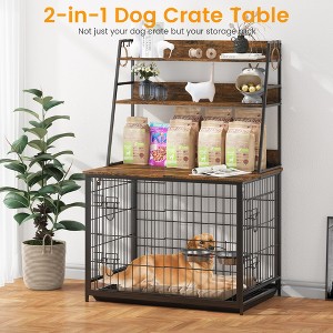 Gray 57 Inch Dog Kennel Furniture – Indoor Dog Crate with 2 Doors, 2 Adjustable Bowls, Storage Shelves & Removable Tray - 1 of 4