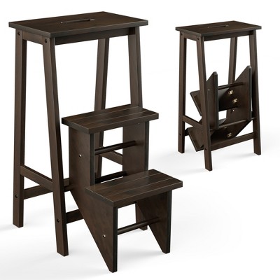Costway 3 Tier Folding Step Stool 3-in-1 Rubber Wood Ladder Storage Shelf Coffee/Brown/Natural/White