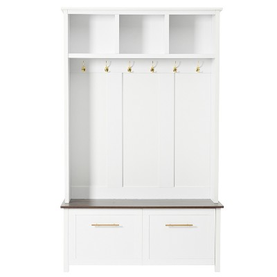Vynxaria Hall Trees: 76.6-Inch Versatile 4-in-1 Entryway Coat Rack with Golden Hooks and White Storage