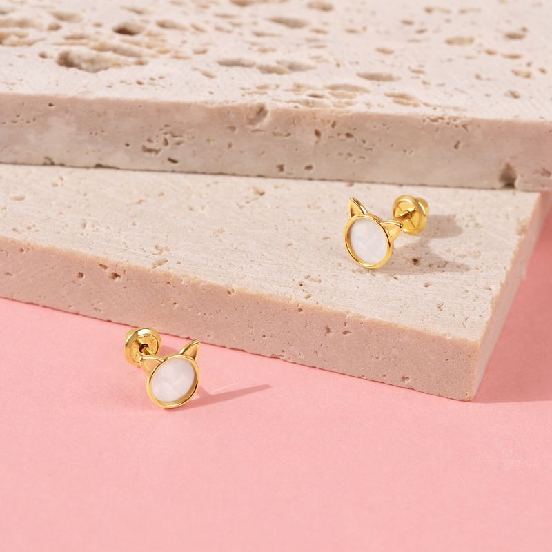 Girls' Mother of Pearl Kitty Screw Back 14k Gold Earrings - In Season Jewelry, 5 of 7