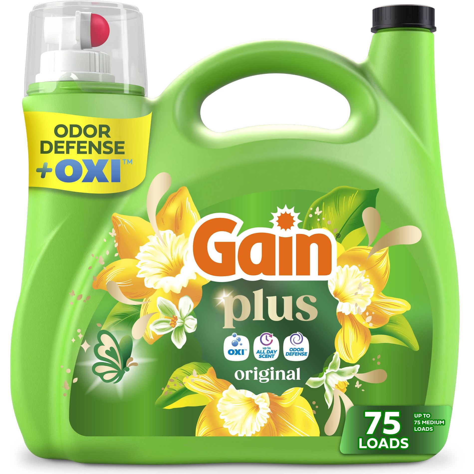 Gain Original Plus Liquid Laundry Detergents 75 Loads - 99oz: Plastic Bottle, Odor Control, Cold Water Detergent, Aluminum-Free