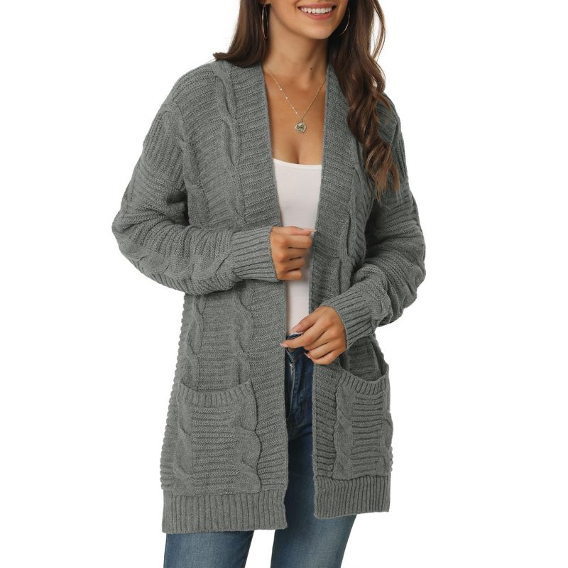 Seta T Women's Long Sleeve Cable Knit Open Front Fall Sweater Cardigan Coat with Pockets, 1 of 6