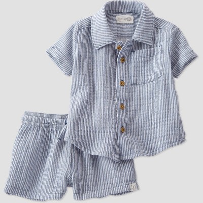 Image of little Planet By Carter's Baby 2pc Striped Gauze Top and Bottom Set - Blue 6M